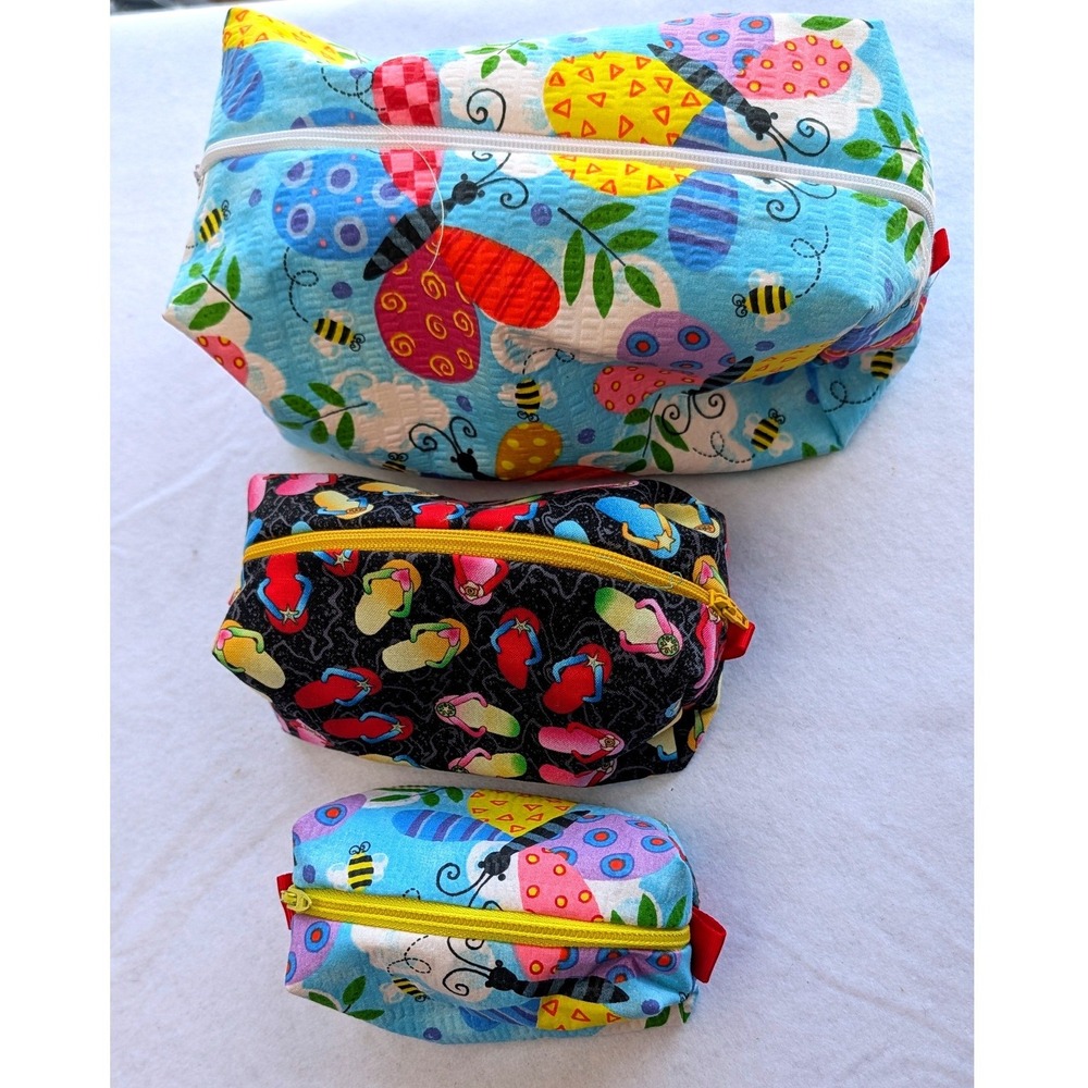 Handmade Quilted Cosmetic Bag Set 3 Piece Butterfly Flip Flop Multi Color Zipper